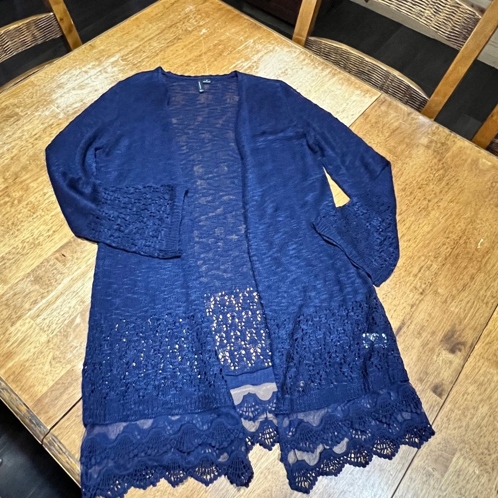 New Directions Crochet Knit Lace Cardigan Navy Blue Fairy Whimsical Boho Medium